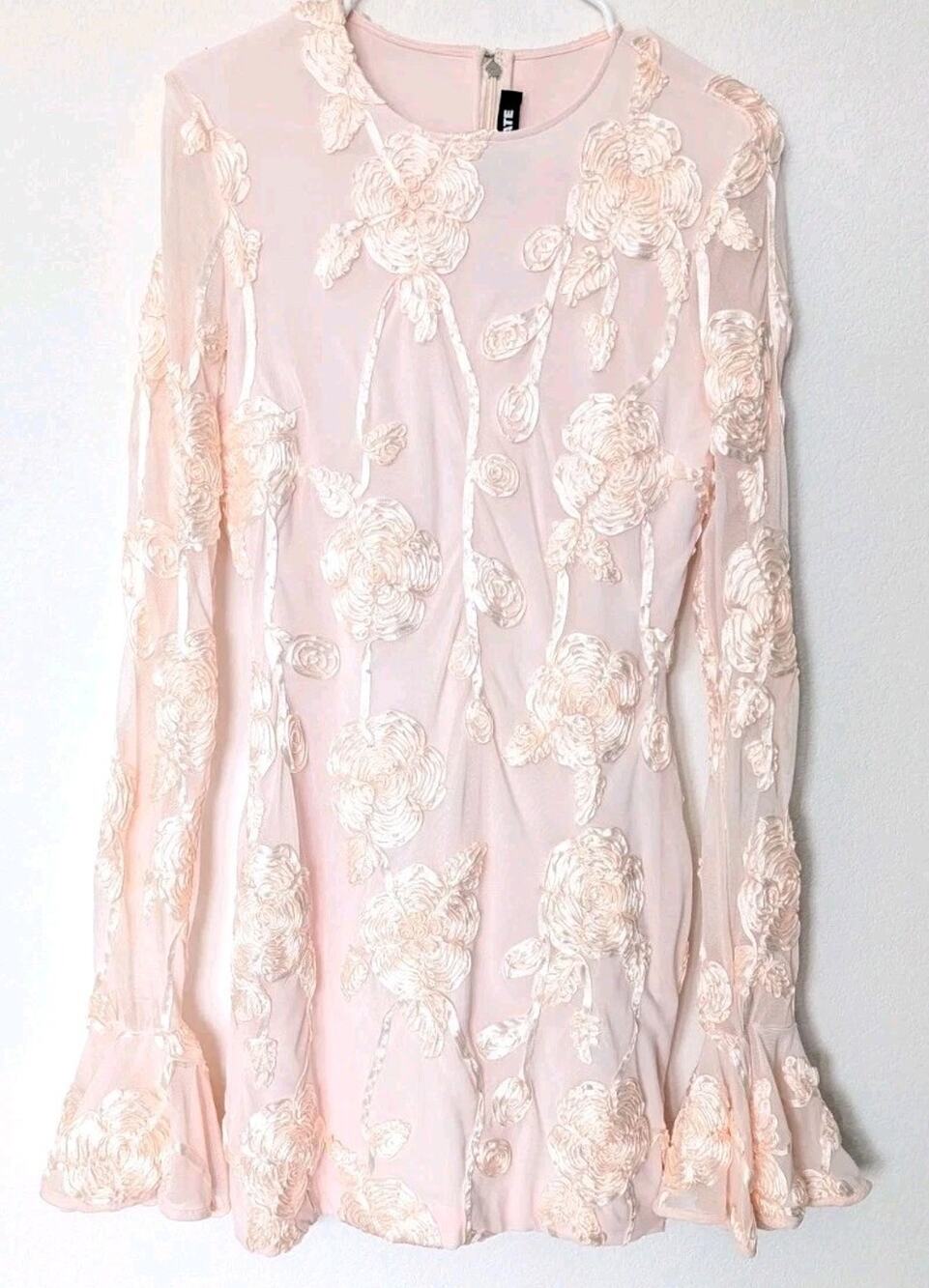 ROTATE Birger Christensen Flower Mini Dress Blush Ribbon Rosette Bell Sleeves